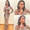Actress Amruta khanvilkar wearing a gown by designer Nachiket barve and jewellery by Minawala Jewellers for the Marathi Filmfare Awards. Styled by Sayali vidya